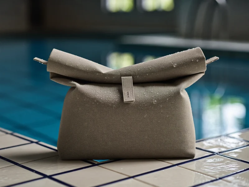 Sac étanche à fermeture enroulable posé au bord d'un bassin couvert