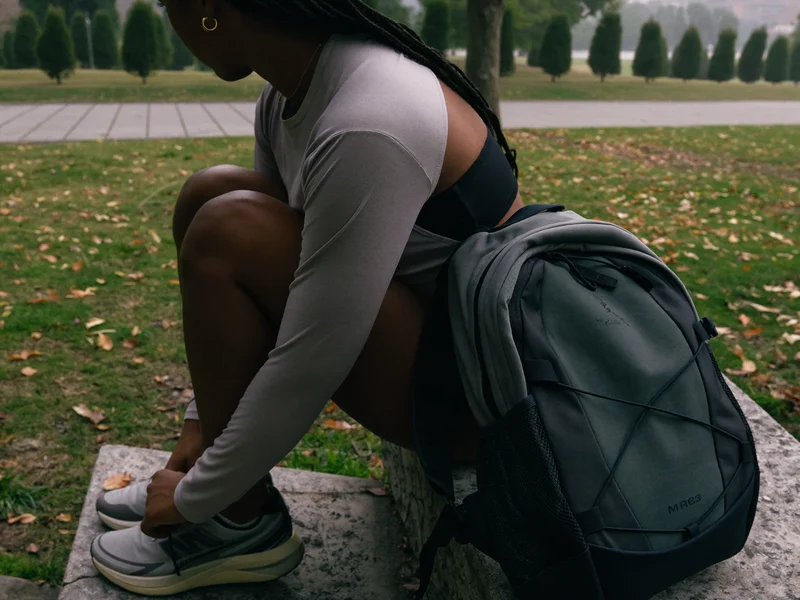 Coureur laçant ses chaussures dans un parc, un sac à dos posé à côté